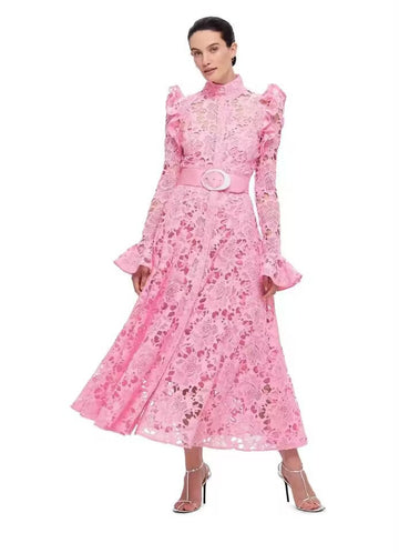 Dress Dress With Lotus Leaves With Belt Famous Temperament Sweet Water-Soluble Lace Dress Dress Dress